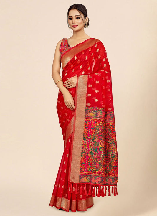 Contemporary Organza Red Weaving Saree