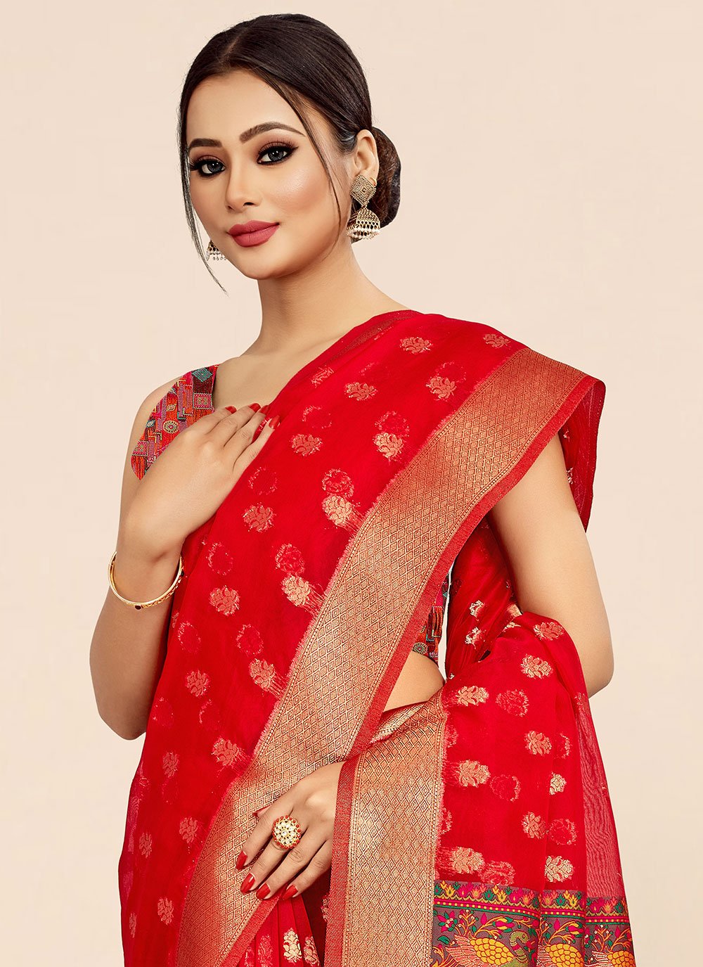 Contemporary Organza Red Weaving Saree