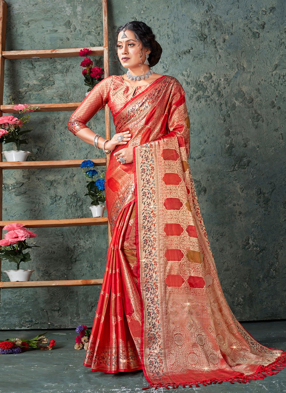 Designer Organza Red Weaving Saree