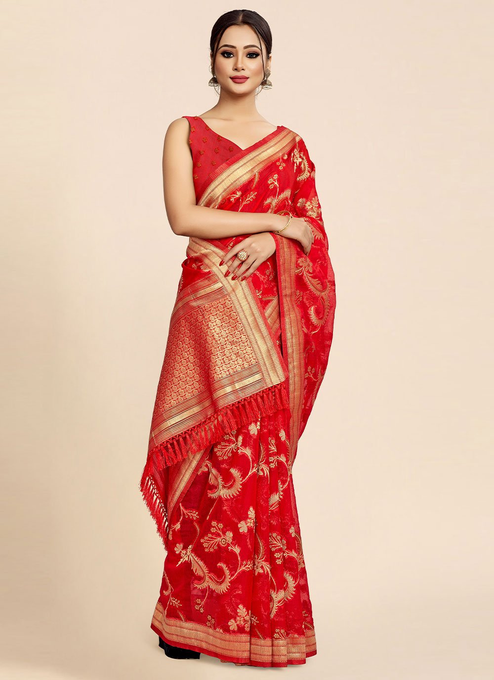 Classic Organza Viscose Red Weaving Saree