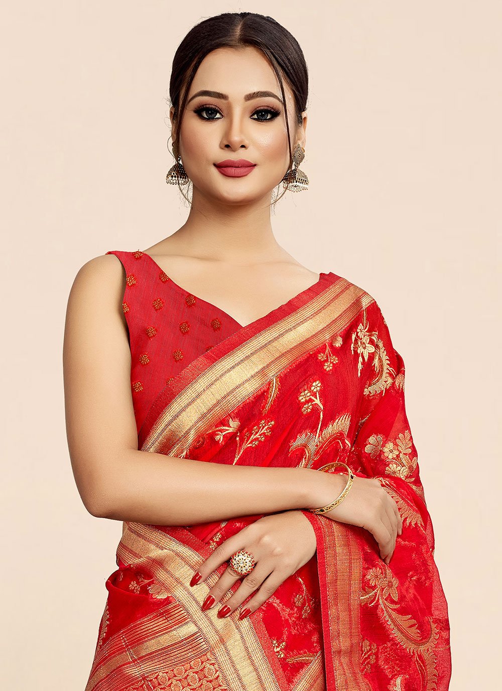 Classic Organza Viscose Red Weaving Saree