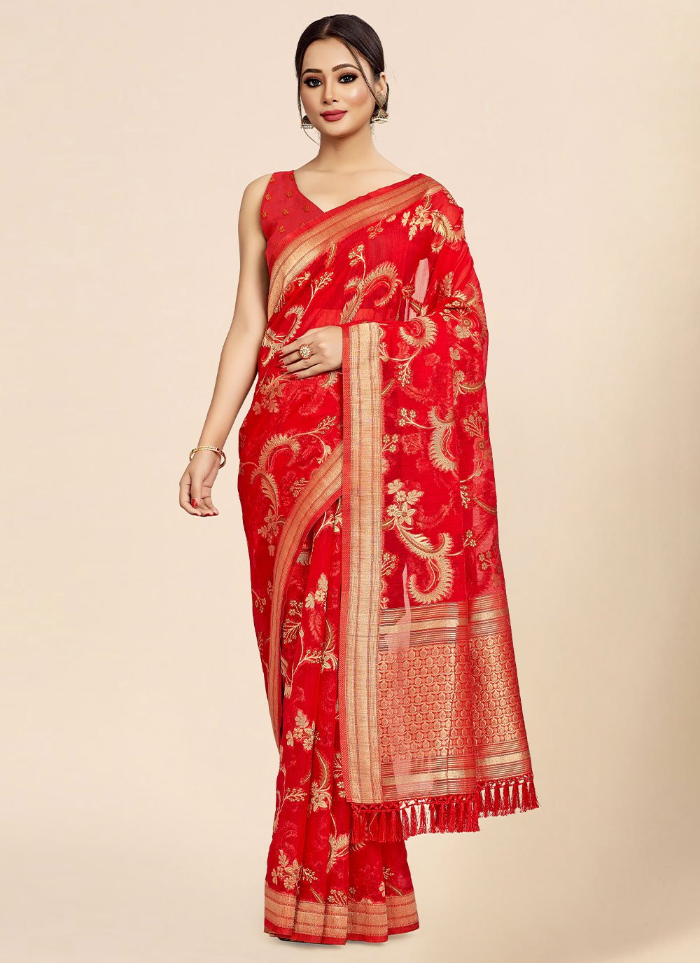 Classic Organza Viscose Red Weaving Saree