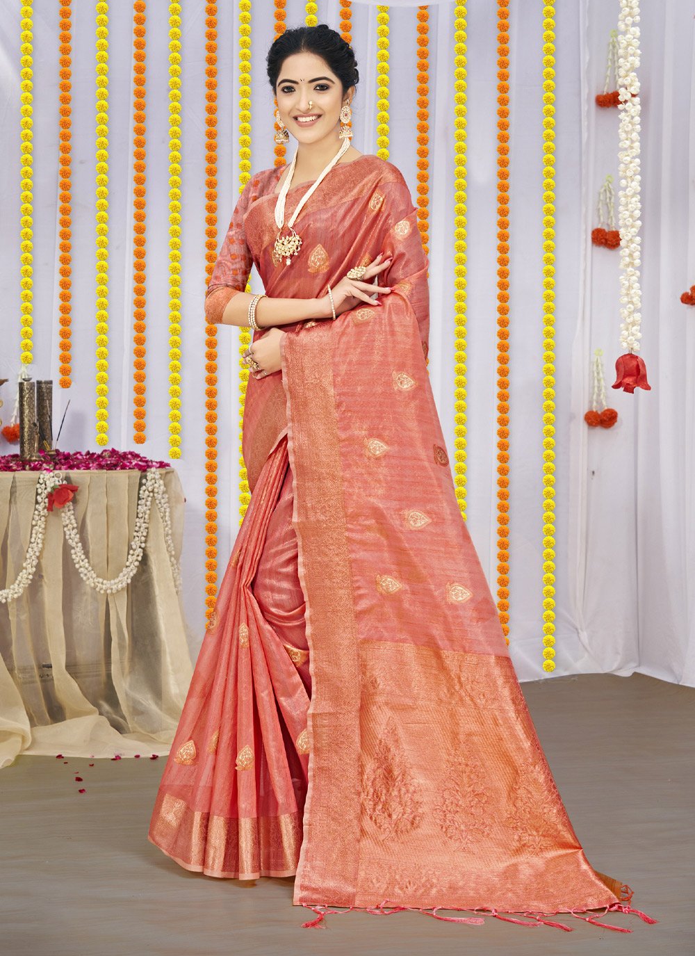 Designer Organza Rust Fancy Work Saree