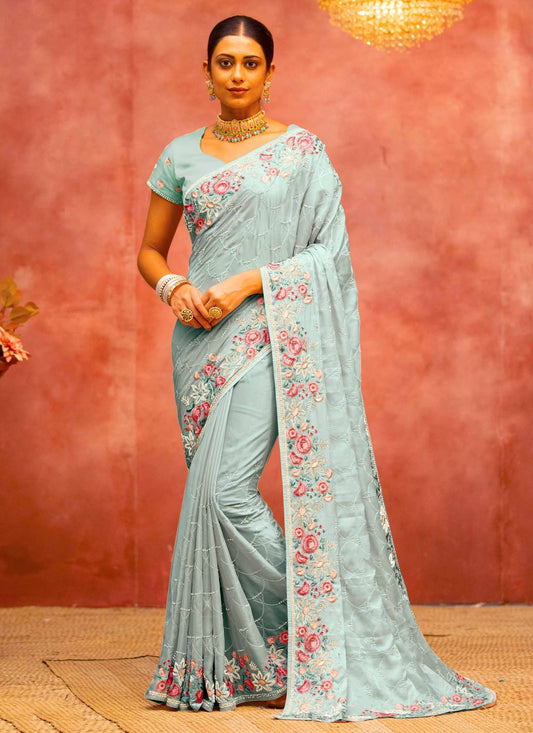 Contemporary Organza Silk Sea Green Diamond Saree