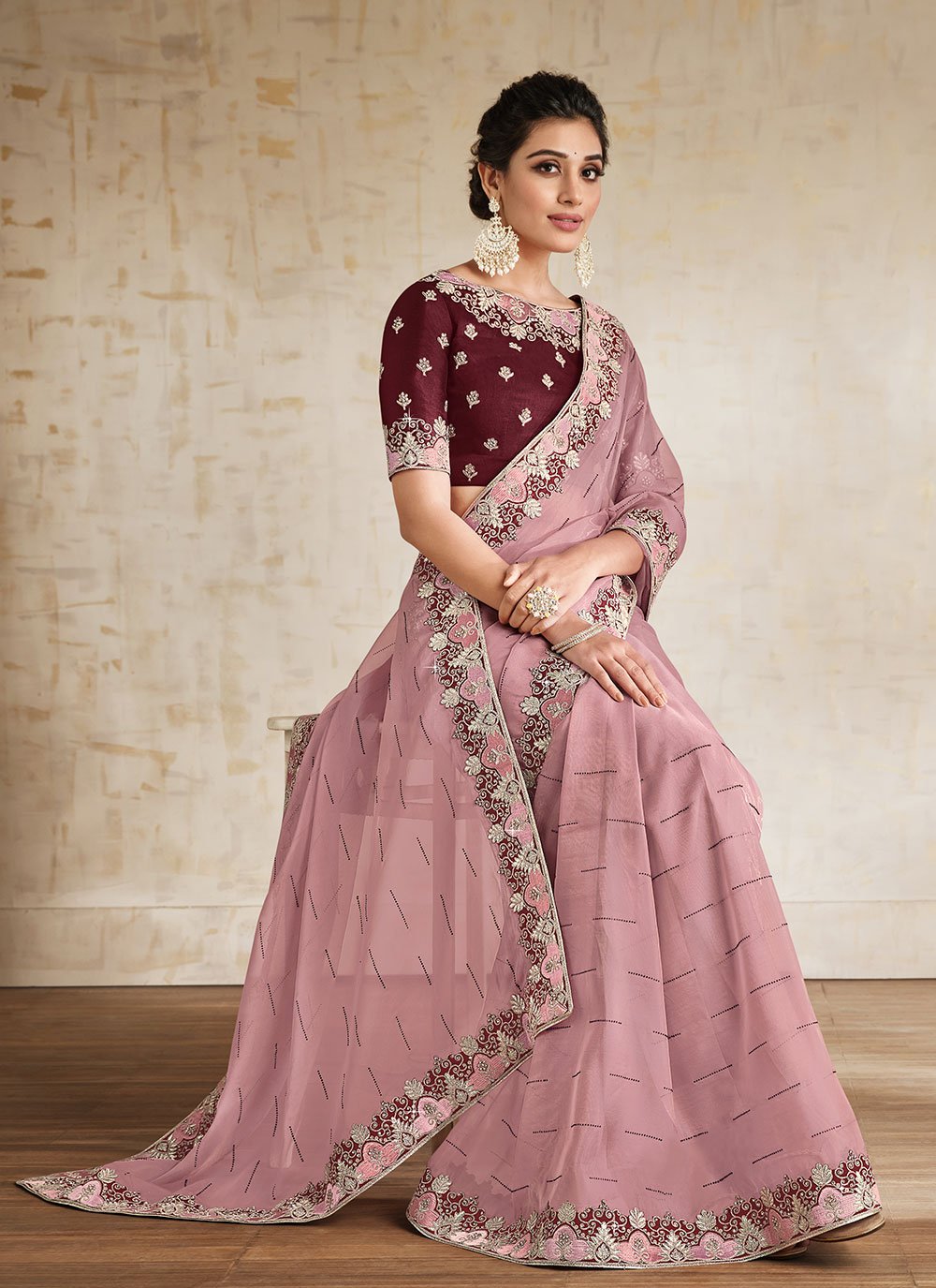 Classic Organza Pink Embroidered Saree