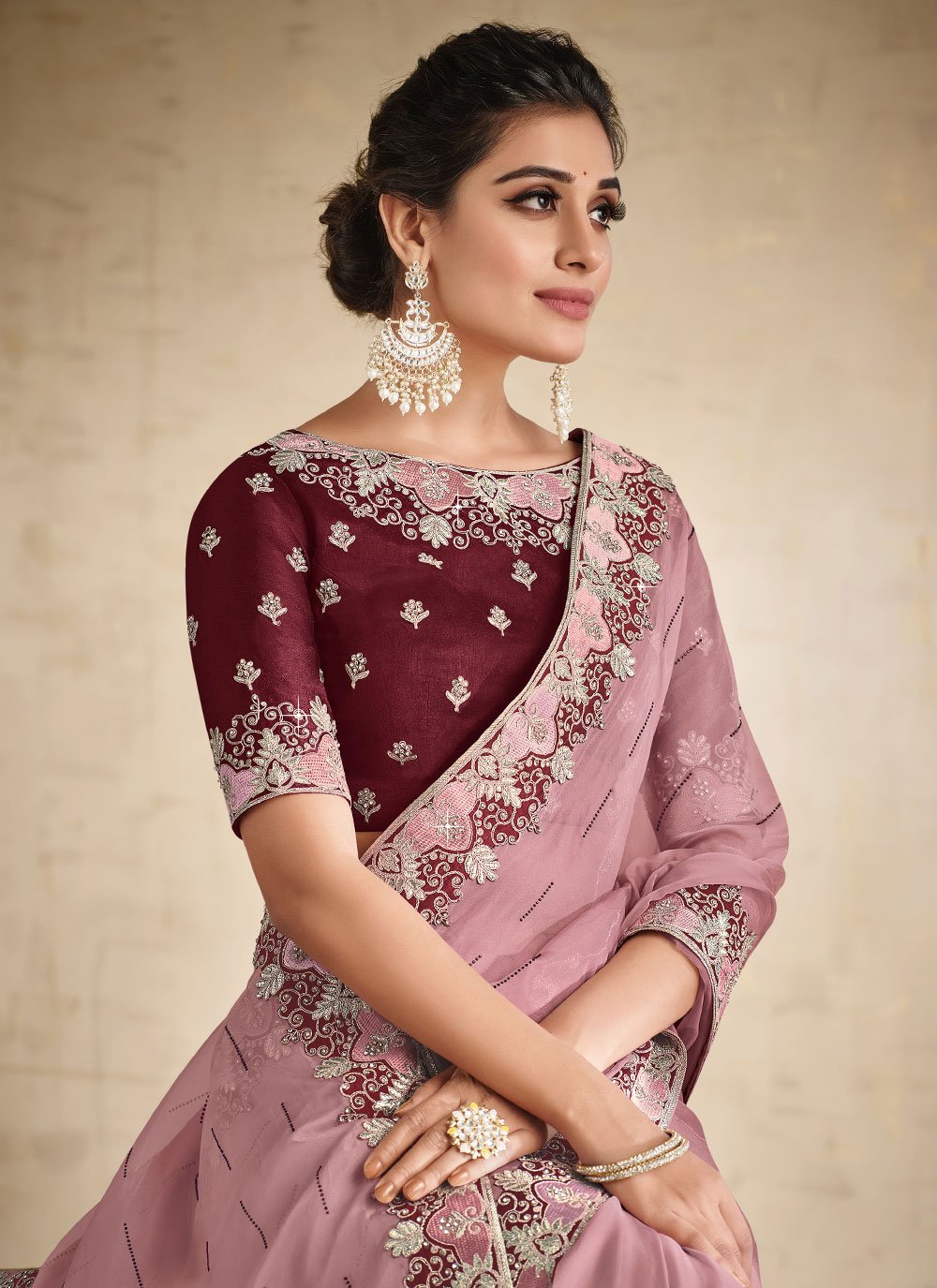 Classic Organza Pink Embroidered Saree