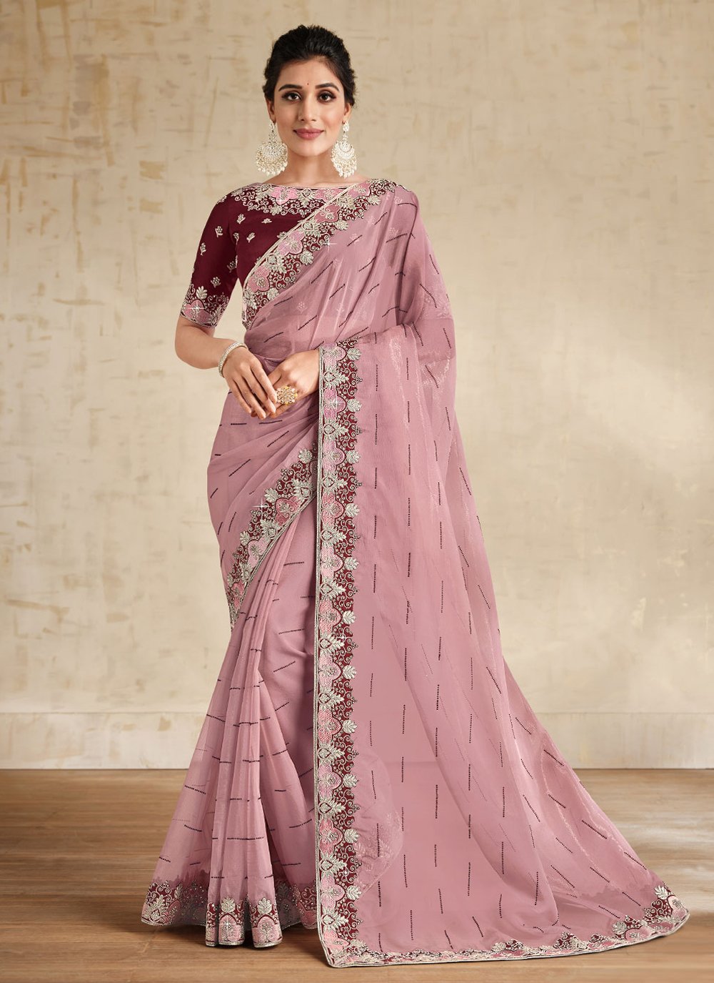 Classic Organza Pink Embroidered Saree