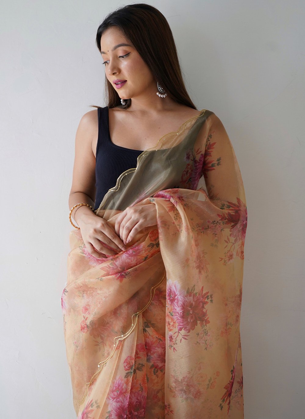 Classic Organza Peach Digital Print Saree