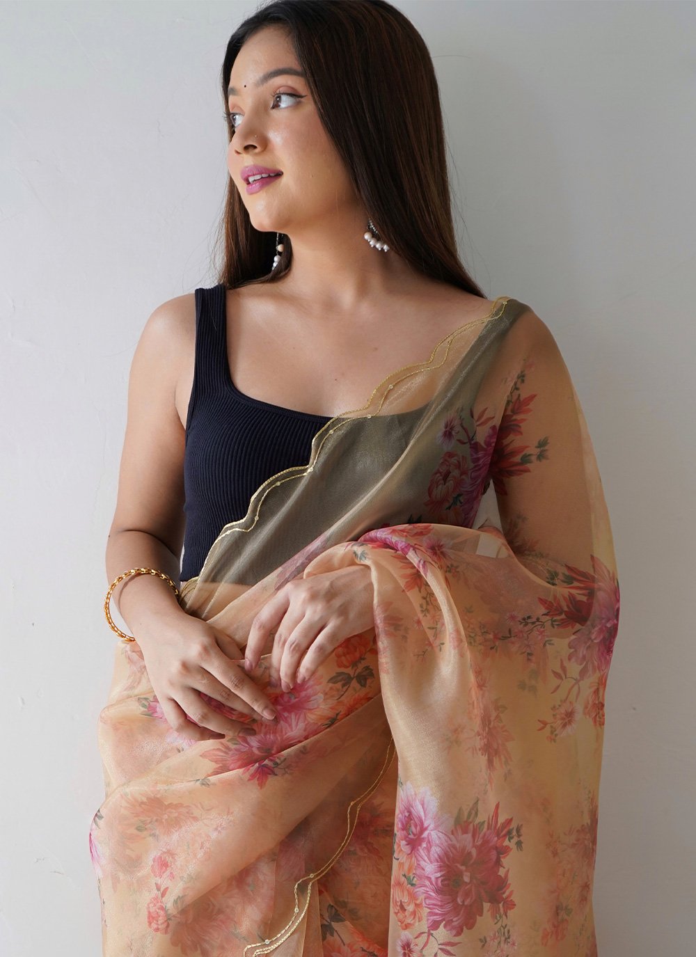 Classic Organza Peach Digital Print Saree