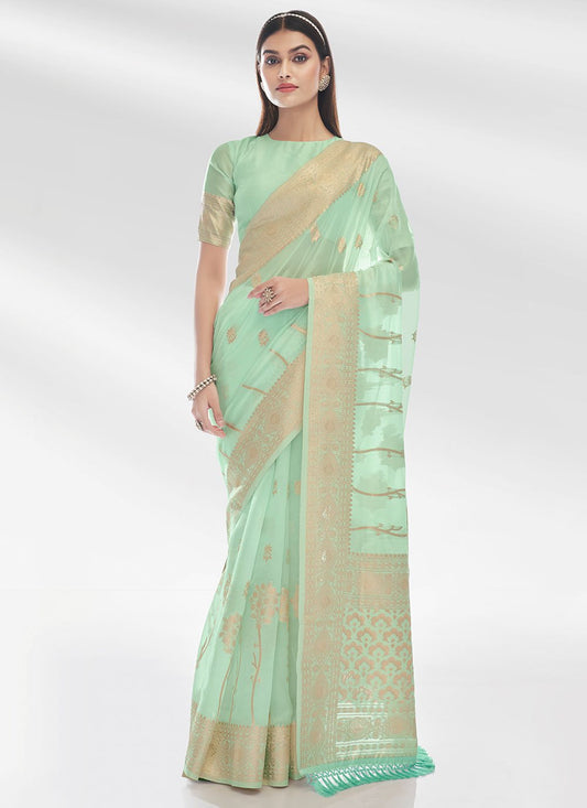 Classic Organza Sea Green Zari Saree