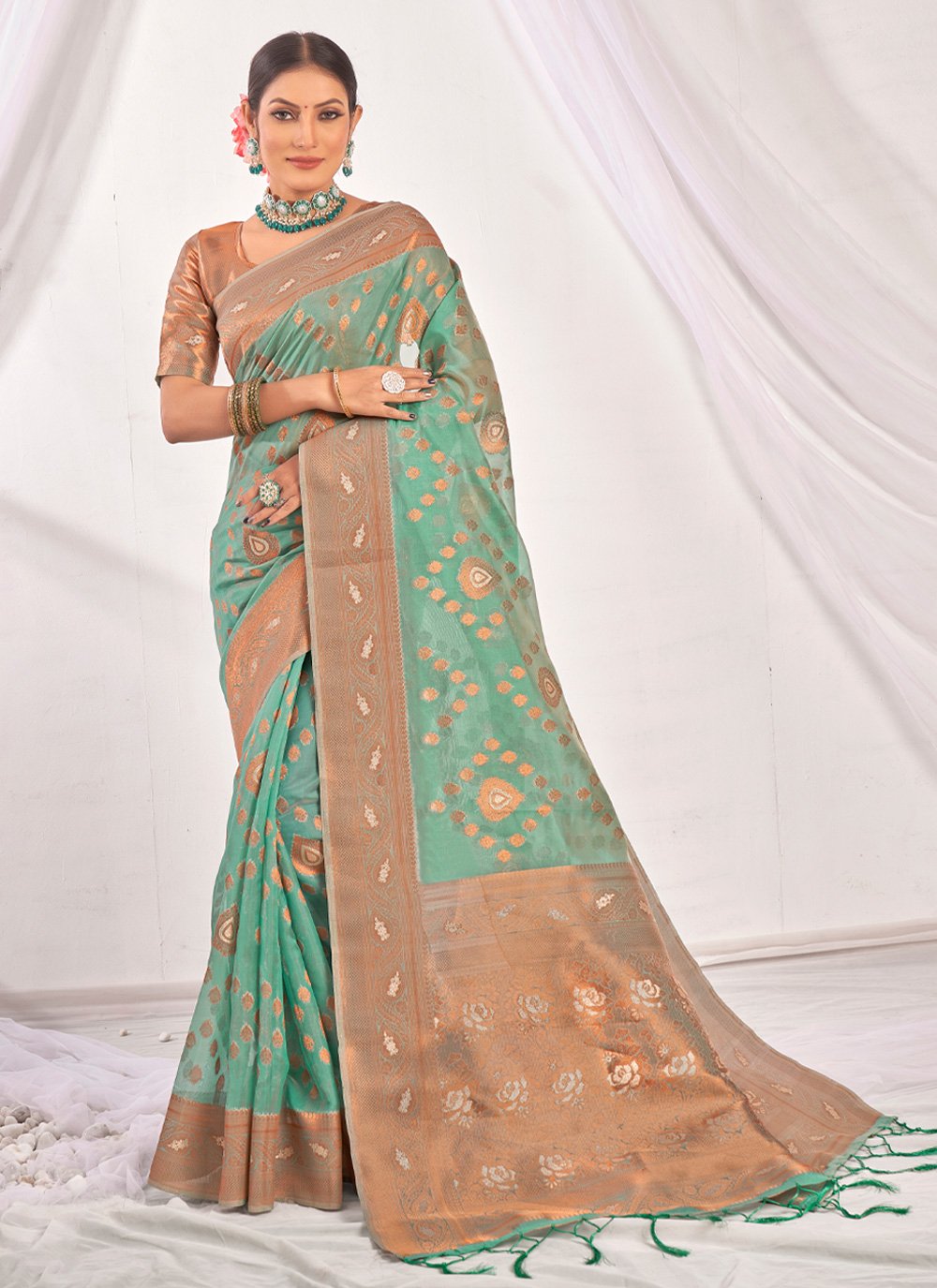 Designer Organza Sea Green Embroidered Saree