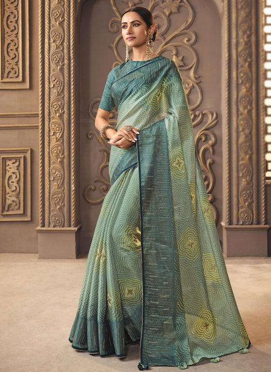 Designer Organza Silk Sea Green Foil Print Saree