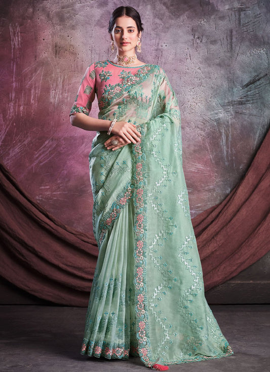 Designer Net Organza Sea Green Embroidered Saree