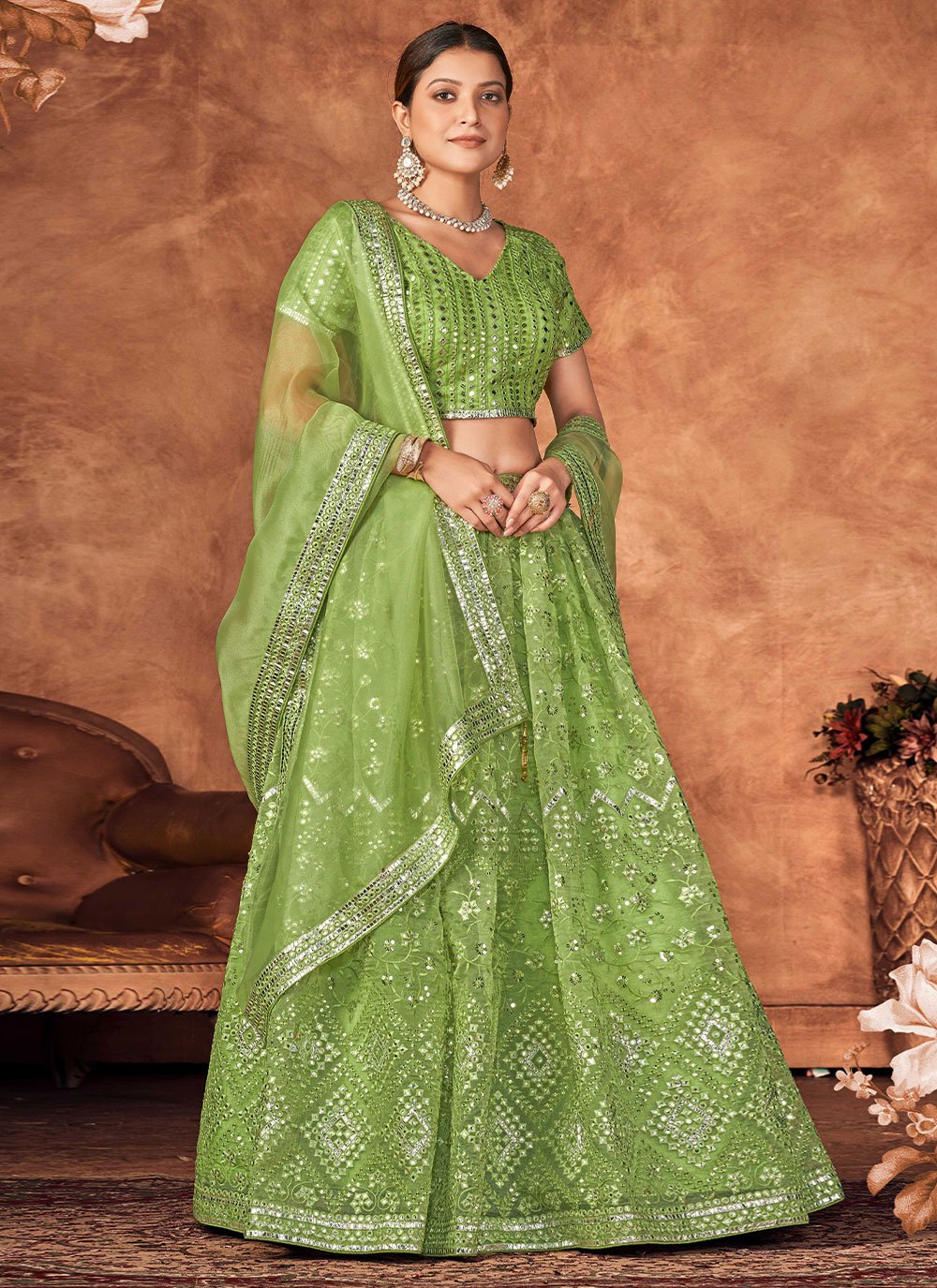 A Line Lehenga Organza Green Embroidered Lehenga Choli