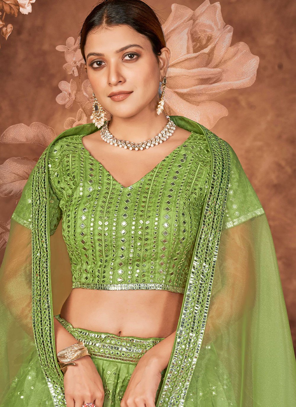 A Line Lehenga Organza Green Embroidered Lehenga Choli