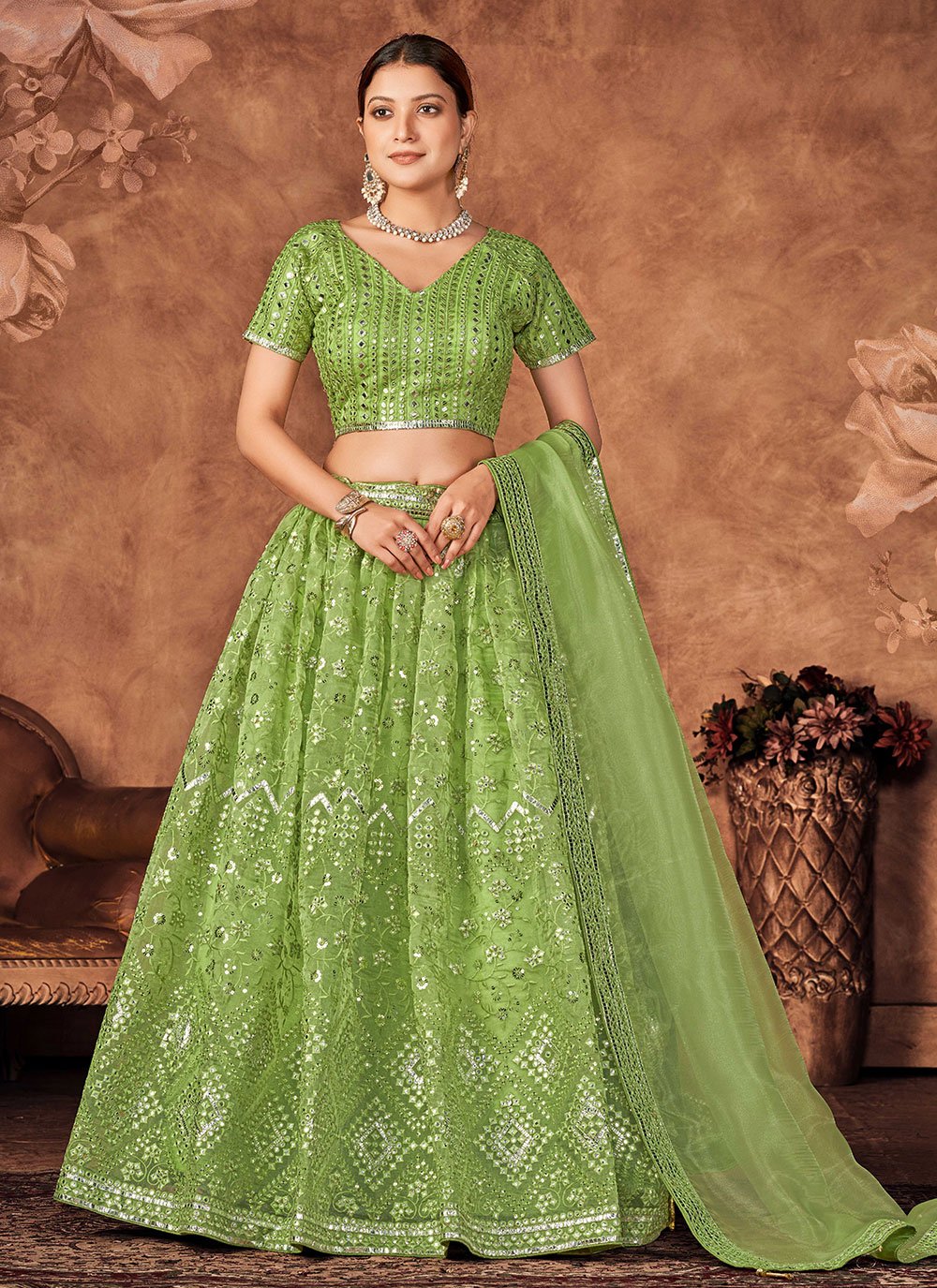 A Line Lehenga Organza Green Embroidered Lehenga Choli