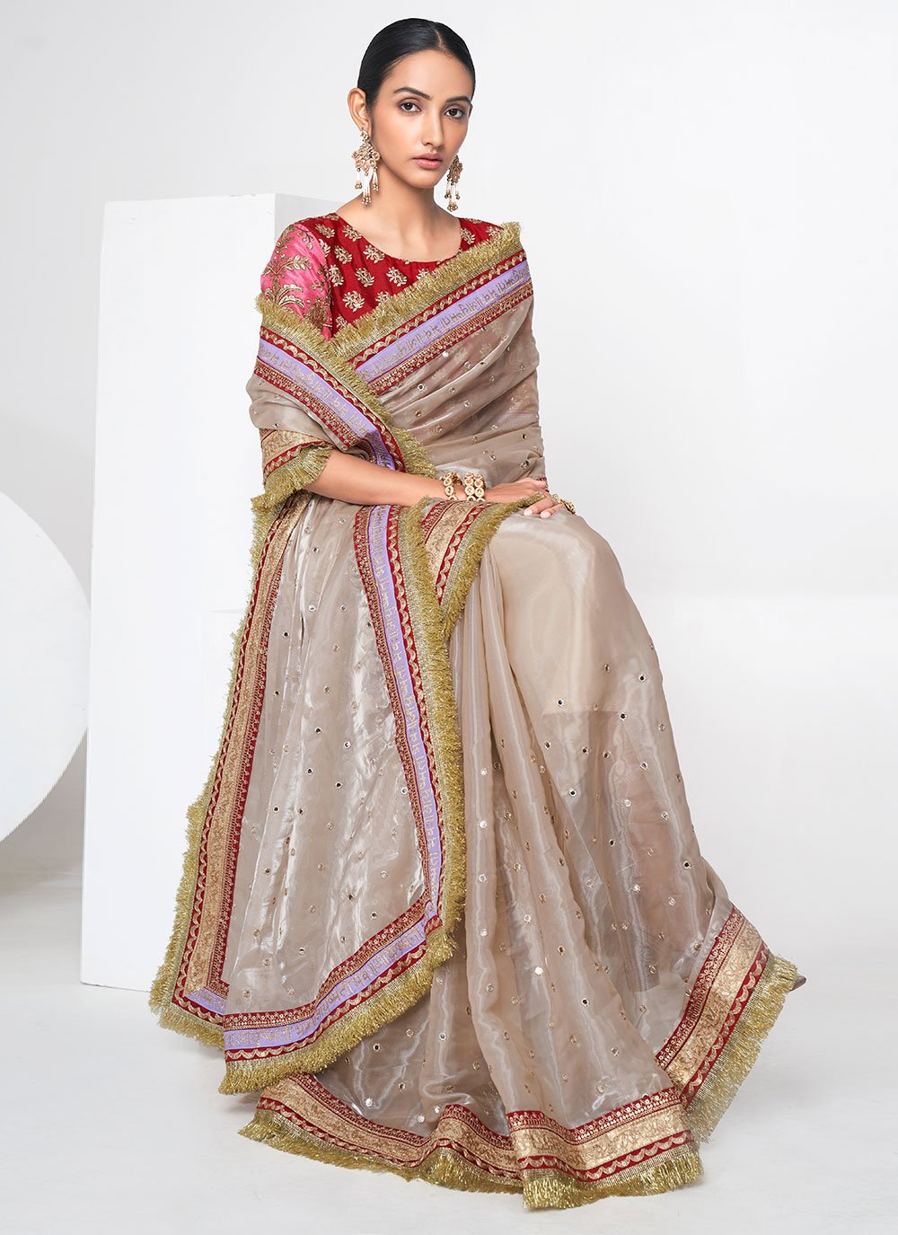 Trendy Saree Organza Cream Dori Work Saree