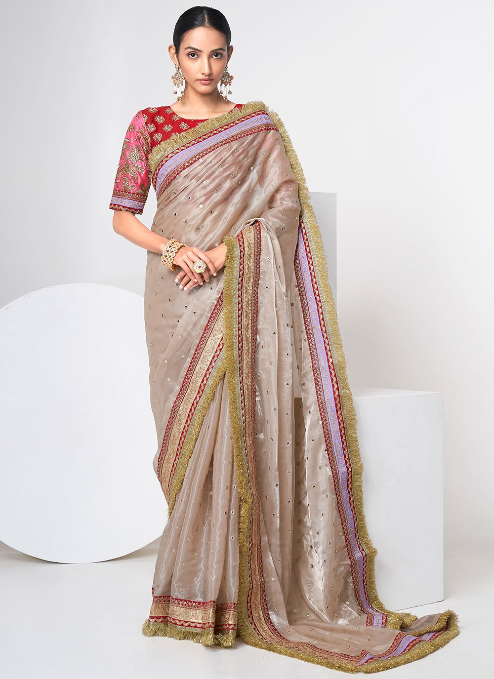 Trendy Saree Organza Cream Dori Work Saree