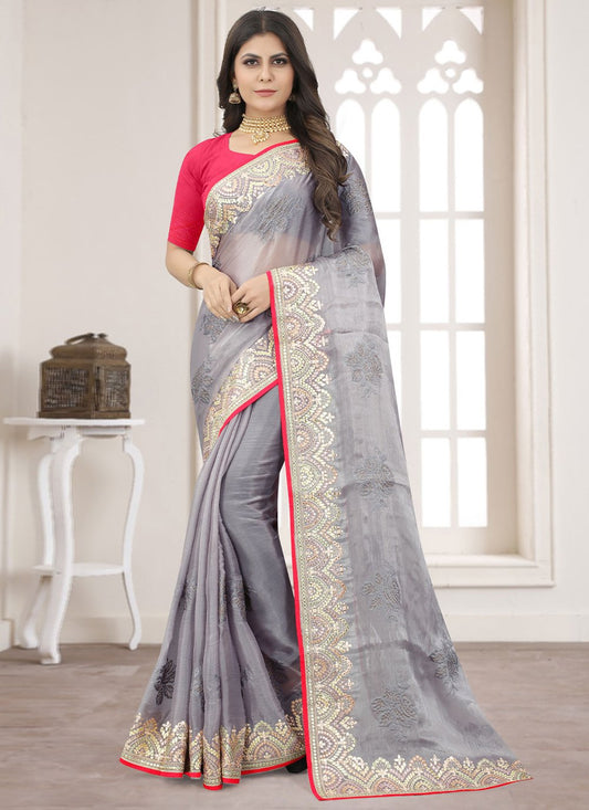 Contemporary Chiffon Organza Blue Embroidered Saree