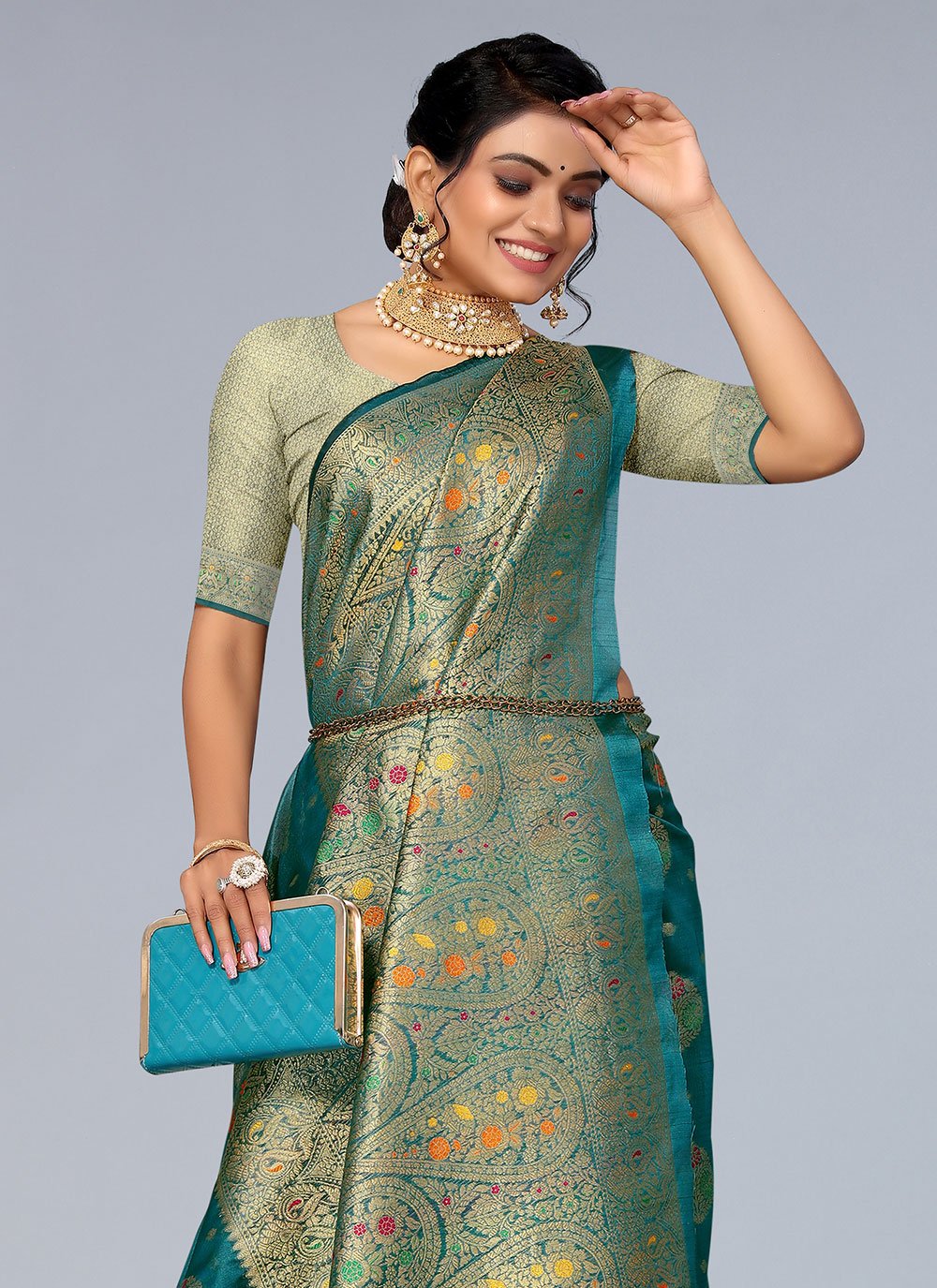 Designer Organza Teal Woven Saree