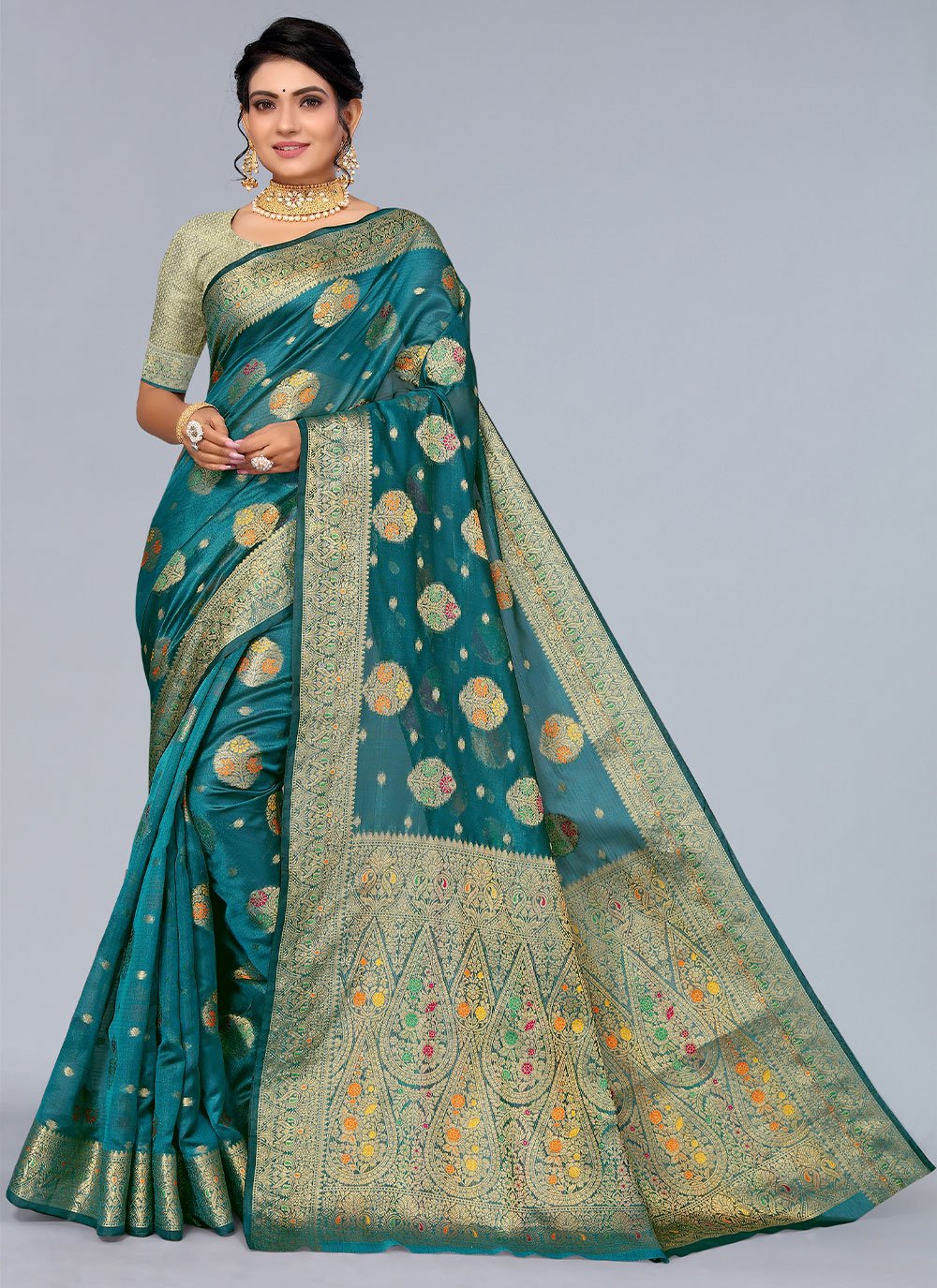 Designer Organza Teal Woven Saree