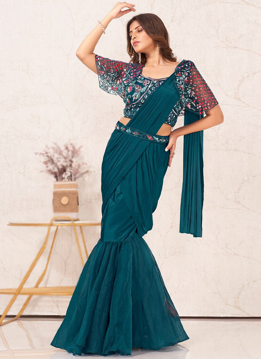 Lehenga Style Saree Imported Organza Teal Plain Saree