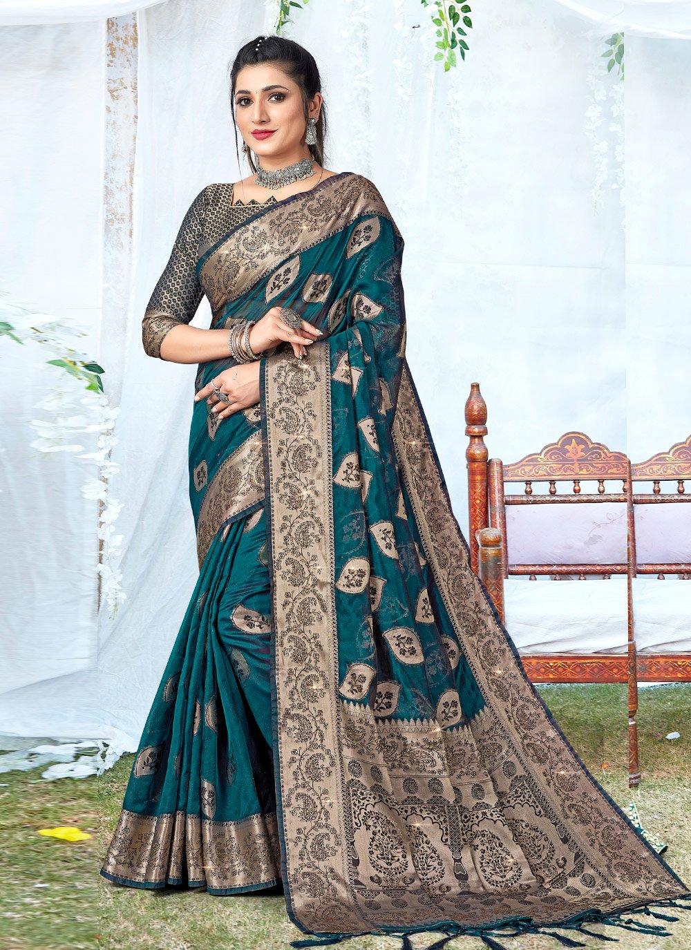 Traditional Saree Organza Teal Embroidered Saree