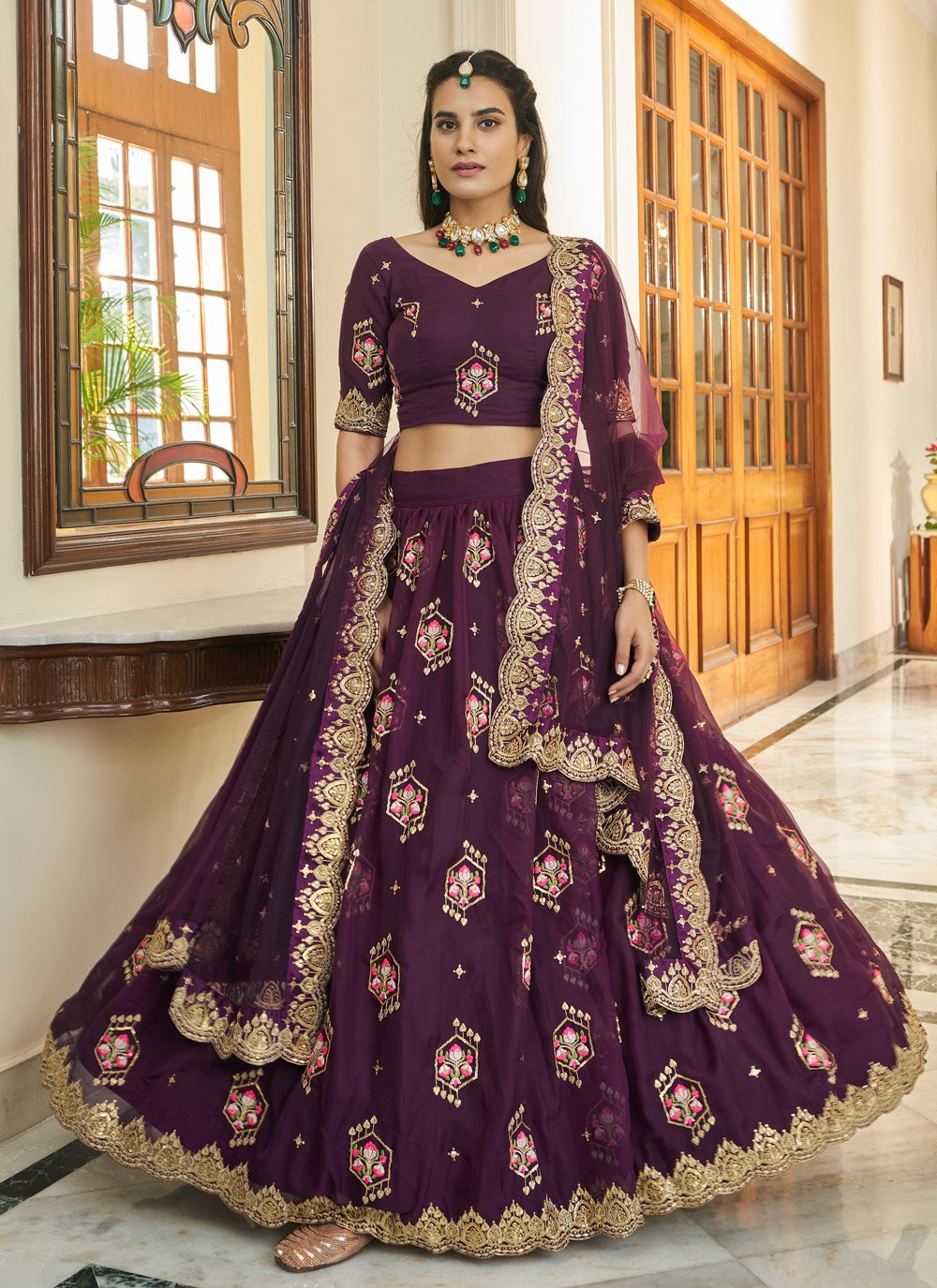 A Line Lehenga Organza Wine Embroidered Lehenga Choli