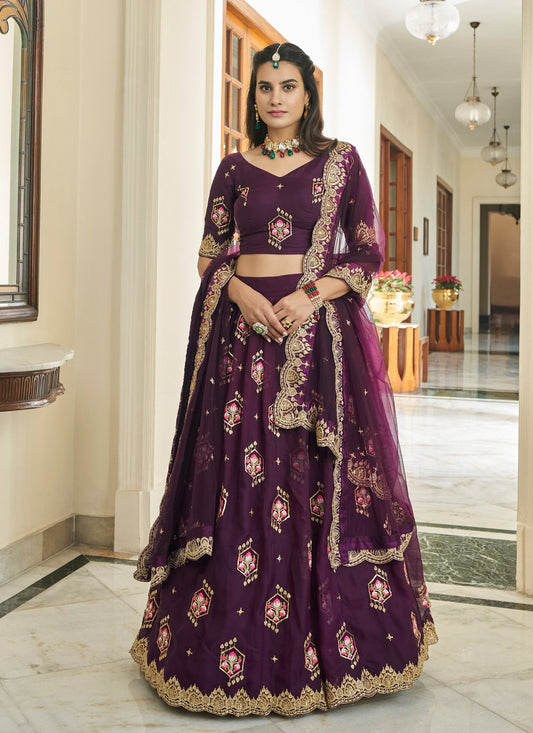 A Line Lehenga Organza Wine Embroidered Lehenga Choli