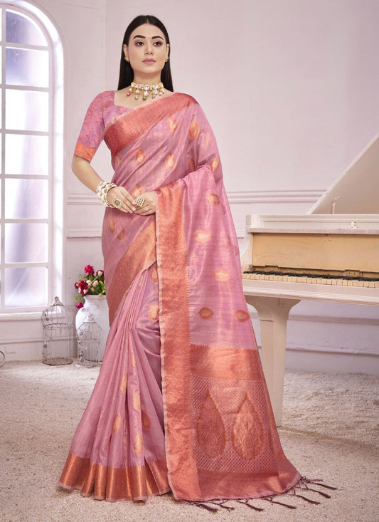 Designer Organza Pink Thread Saree