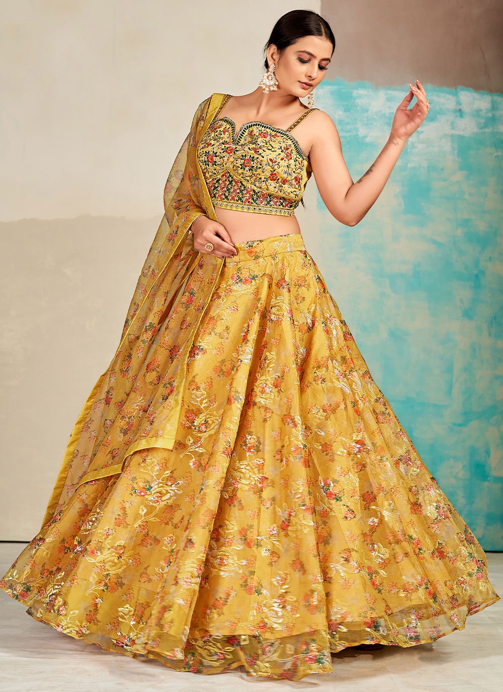 Lehenga Choli Organza Yellow Digital Print Lehenga Choli