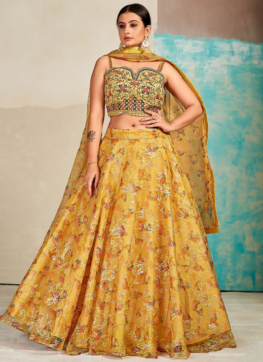 Lehenga Choli Organza Yellow Digital Print Lehenga Choli