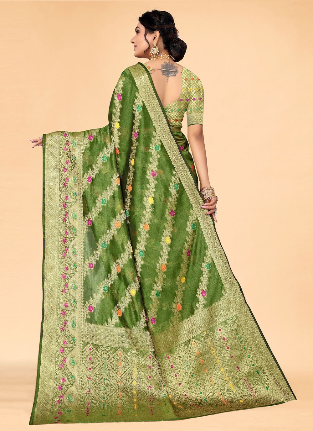 Trendy Saree Organza Green Woven Saree