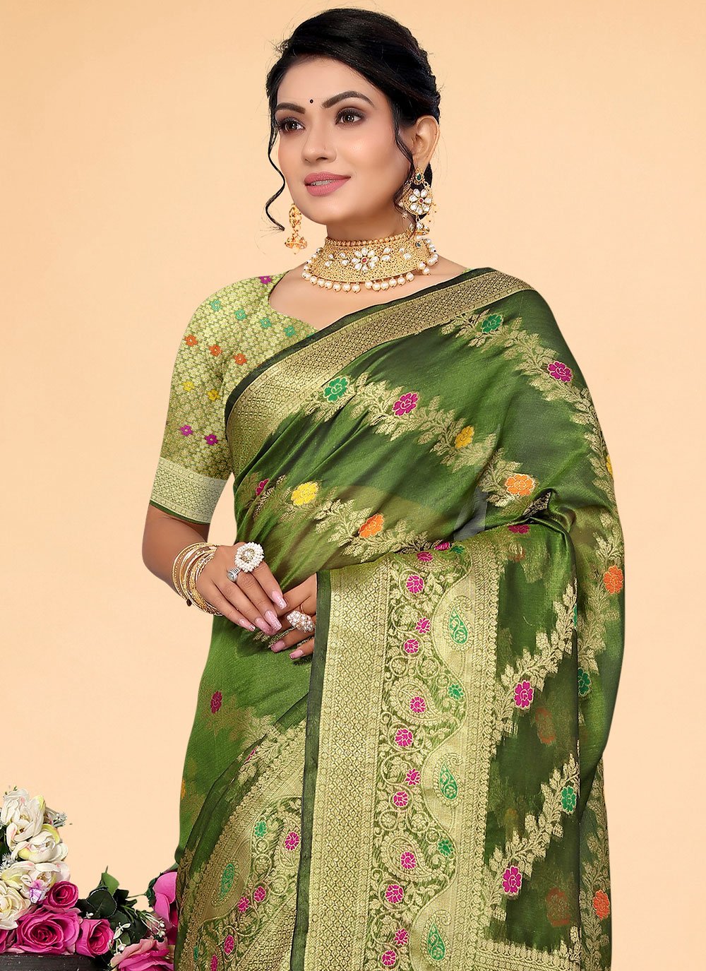 Trendy Saree Organza Green Woven Saree