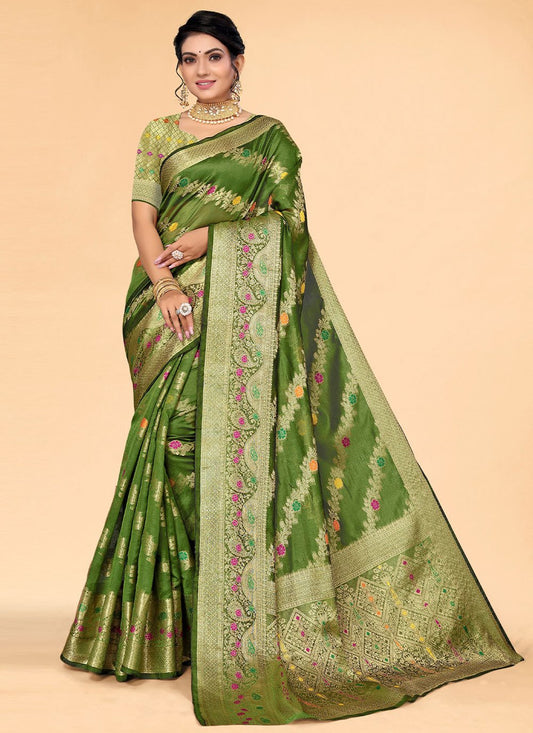 Trendy Saree Organza Green Woven Saree