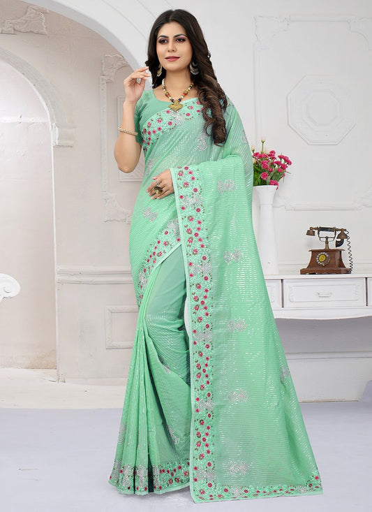 Trendy Saree Organza Sea Green Embroidered Saree