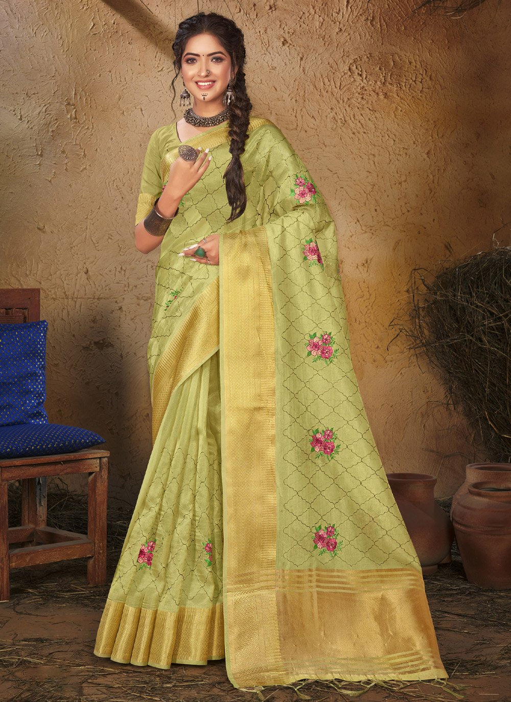 Trendy Saree Organza Green Fancy Work Saree