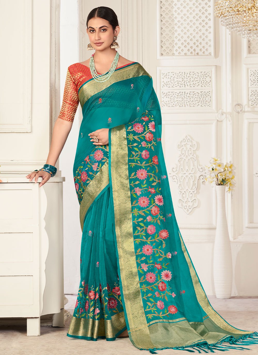 Trendy Saree Organza Blue Embroidered Saree