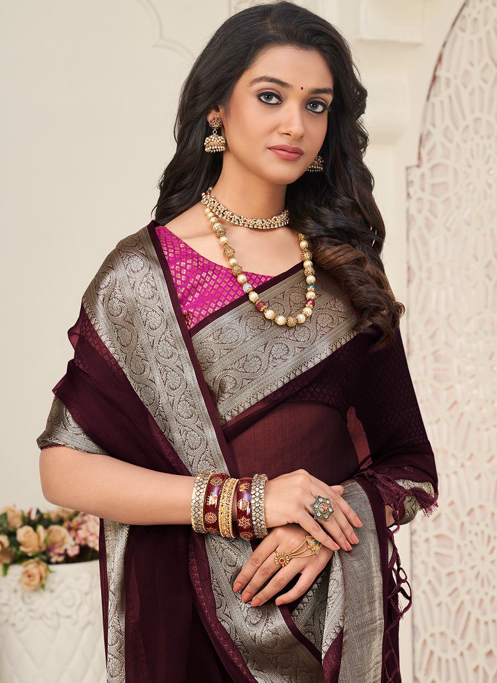 Trendy Saree Organza Maroon Patch Border Saree