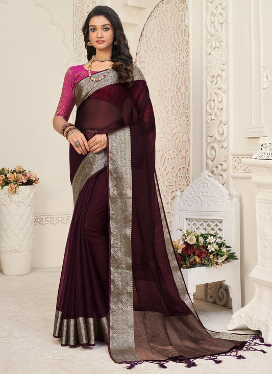 Trendy Saree Organza Maroon Patch Border Saree