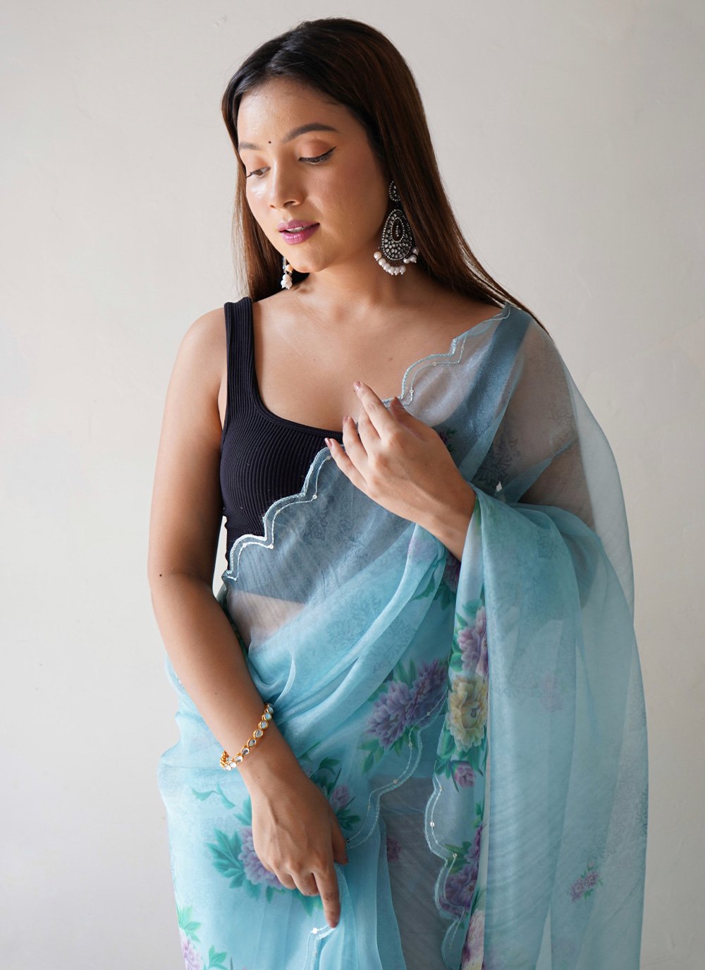 Trendy Saree Organza Aqua Blue Digital Print Saree