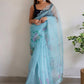 Trendy Saree Organza Aqua Blue Digital Print Saree