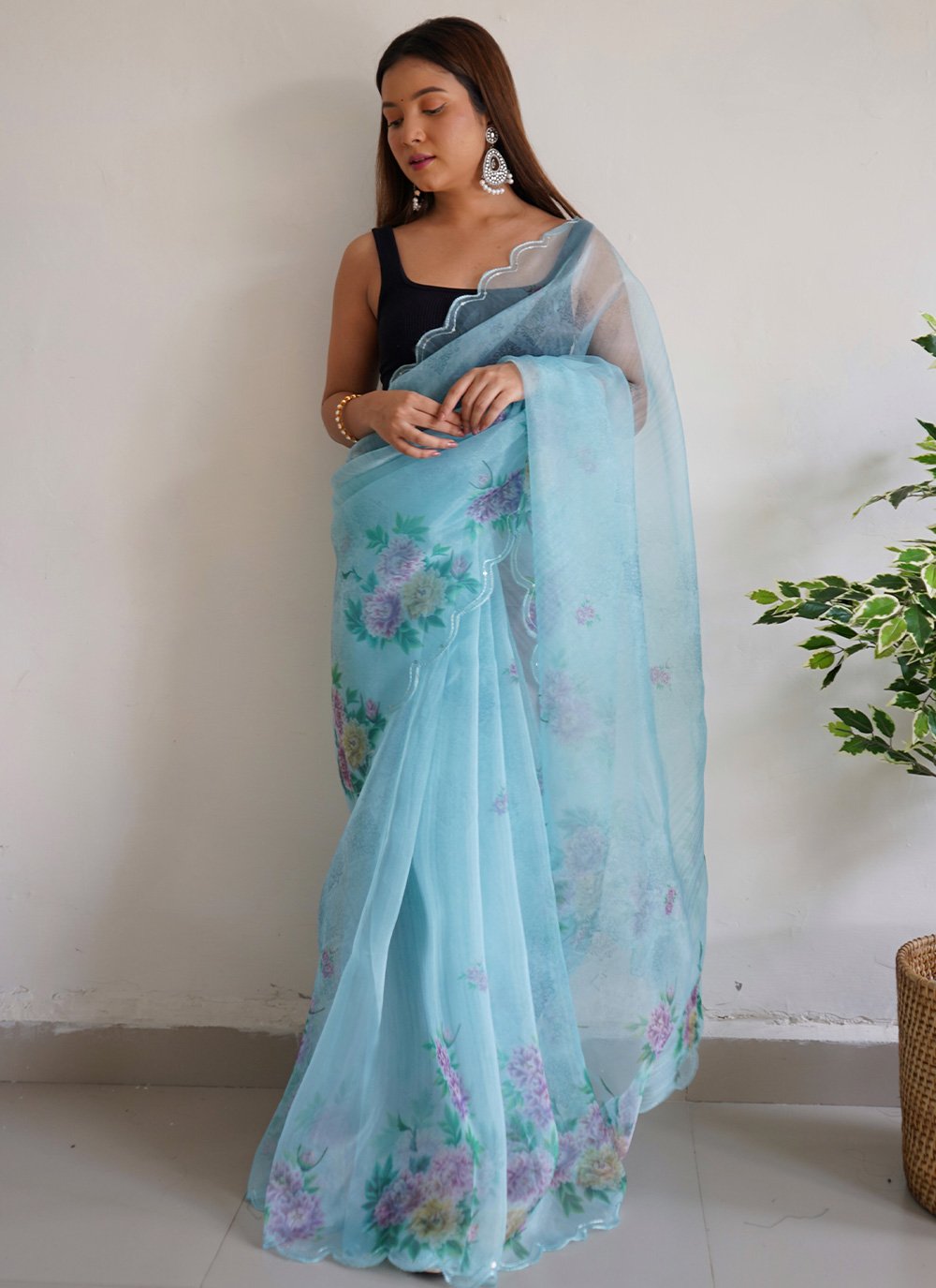 Trendy Saree Organza Aqua Blue Digital Print Saree