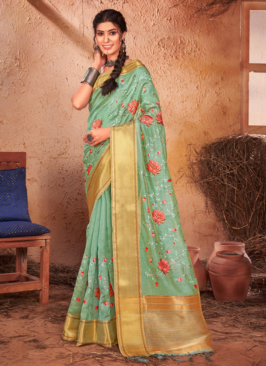 Trendy Saree Organza Green Embroidered Saree