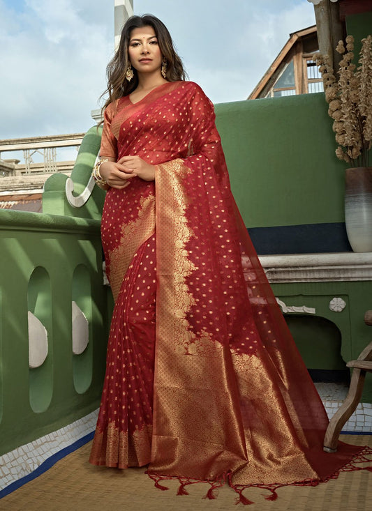 Trendy Saree Organza Silk Red Weaving Saree