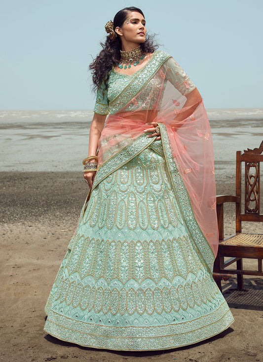 Lehenga Choli Organza Turquoise Embroidered Lehenga Choli