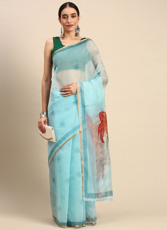 Casual Organza Turquoise Print Saree