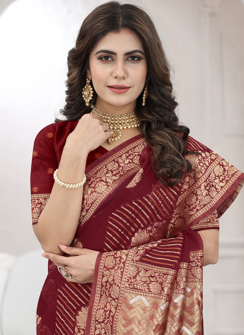 Contemporary Organza Viscose Maroon Booti Saree