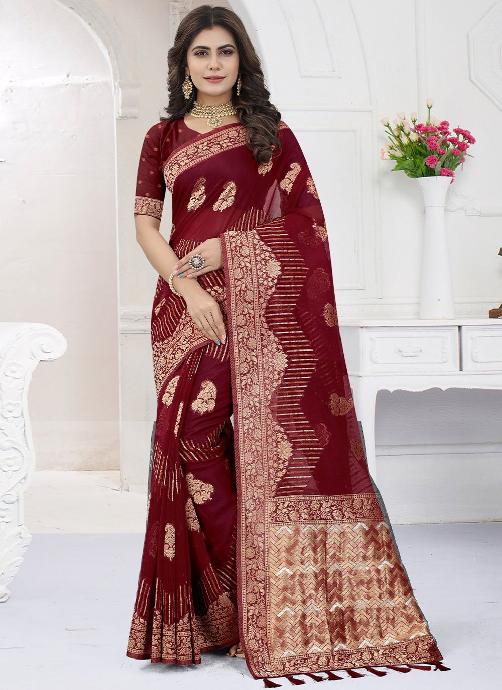 Contemporary Organza Viscose Maroon Booti Saree