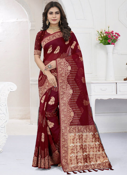 Contemporary Organza Viscose Maroon Booti Saree